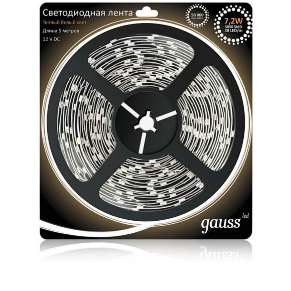 Лена Gauss 312000107LED 5050/30-SMD 7.2W 12V DC теплый белый (блистер 5м)