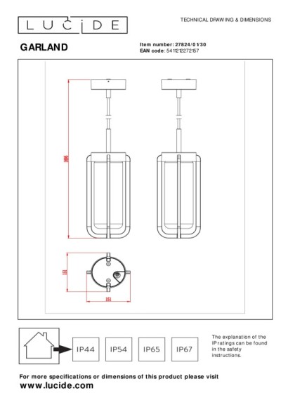 Подвесной уличный светильник LUCIDE 27824/01/30 Подвесной уличный светильник LUCIDE 27824/01/30