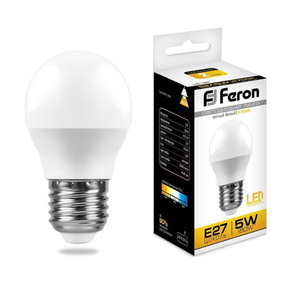 Лампа светодиодная Feron E27 5W 2700K Шар Матовая LB-38 25404