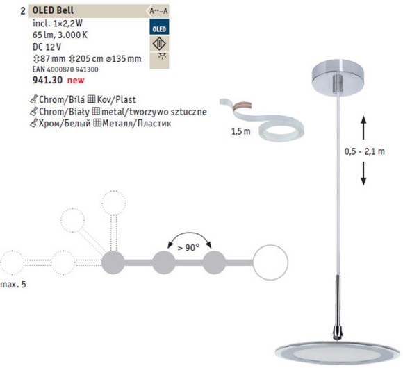 94130 Светильник подвесной OLED Bell 1x2.2W Chr/Ws
