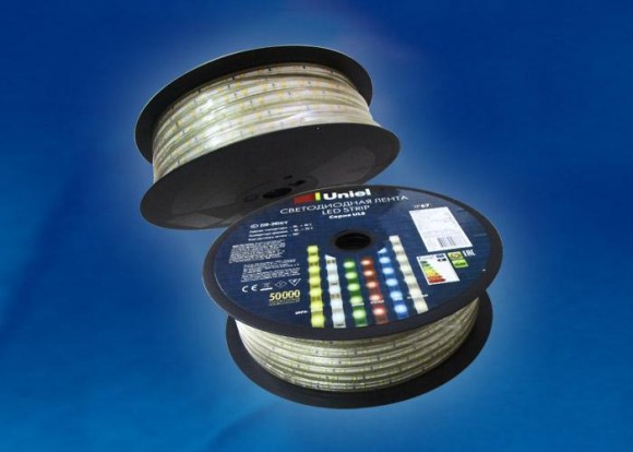 Светодиодная влагозащищенная лента (UL-00000862) Uniel 8W/m 60LED/m 2835SMD желтый 50M ULS-2835-60LED/m-10mm-IP67-220V-8W/m-50M-Yellow