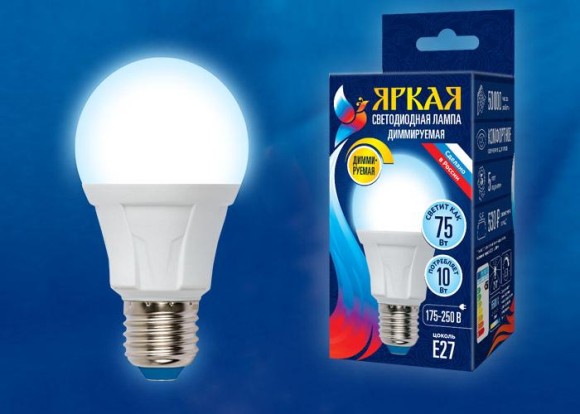 Лампа светодиодная диммируемая (UL-00004285) Uniel E27 10W 6500K матовая LED-A60 10W/6500K/E27/FR/DIM PLP01WH Лампа светодиодная диммируемая (UL-00004285) Uniel E27 10W 6500K матовая LED-A60 10W/6500K/E27/FR/DIM PLP01WH