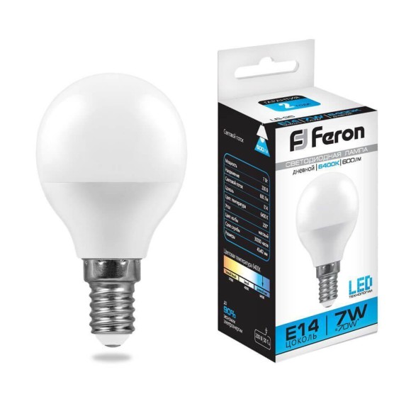 Лампа светодиодная Feron E14 7W 6400K Шар Матовая LB-95 25480