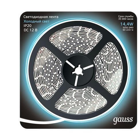 Лена Gauss 312000314LED 5050/60-SMD 14.4W 12V DC холодный белый (блистер 5м)