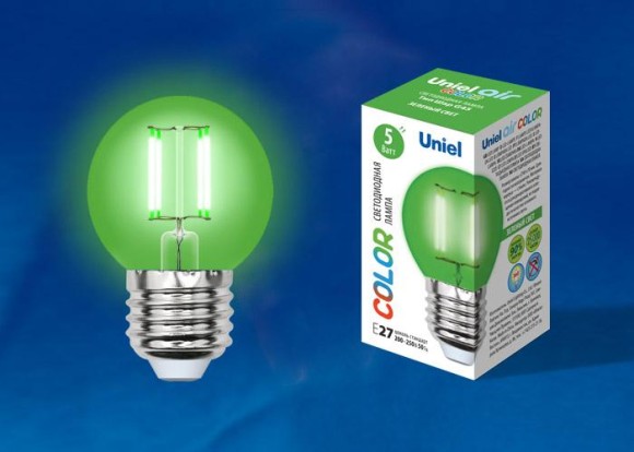 Лампа светодиодная филаментная (UL-00002988) Uniel E27 5W зеленый LED-G45-5W/GREEN/E27 GLA02GR