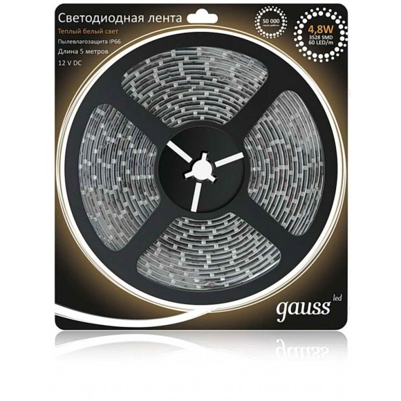 Лена Gauss 311000105LED 2835/60-SMD 4.8W 12V DC теплый белый IP66 (блистер 5м)