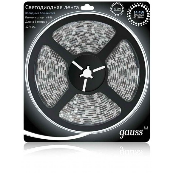 Лена Gauss 311000314LED 5050/60-SMD 14.4W 12V DC холодный белый IP66 (блистер 5м)