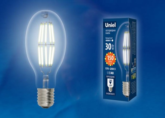 Лампа светодиодная филаментная (UL-00003760) Uniel E40 30W 4000K прозрачная LED-ED90-30W/NW/E40/CL GLP05TR