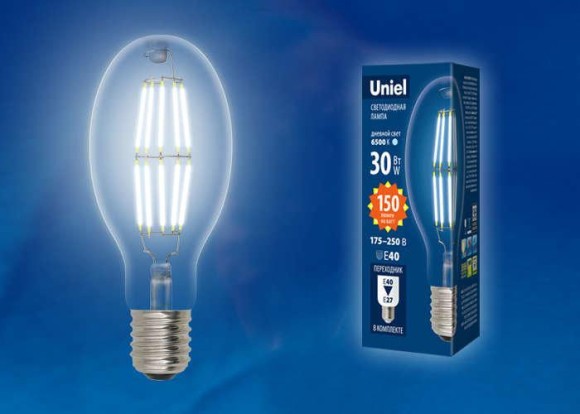 Лампа светодиодная филаментная (UL-00003761) Uniel E40 30W 6500K прозрачная LED-ED90-30W/DW/E40/CL GLP05TR