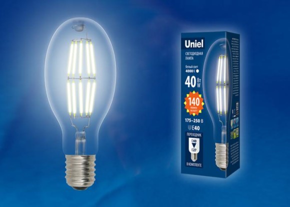 Лампа светодиодная филаментная (UL-00003762) Uniel E40 40W 4000K прозрачная LED-ED90-40W/NW/E40/CL GLP05TR